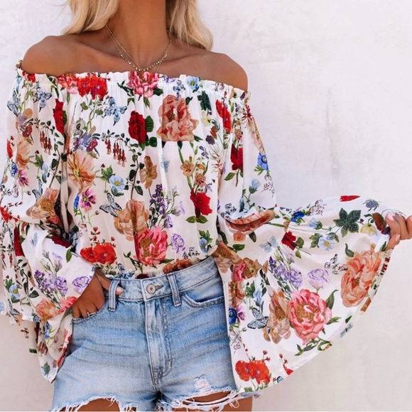 VICI Floral Off the Shoulder Bell Sleeve Blouse Size M Boho Festival Bloomcore - Picture 6 of 14